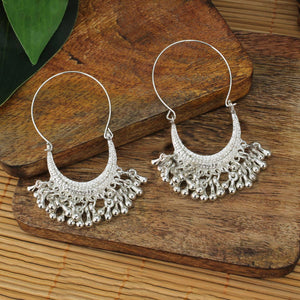 Silver Teardrop Bead Dangle Crescent Hoop Earrings