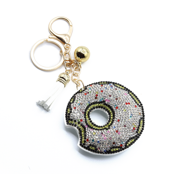 Bling Crystal White Sprinkled Donut Keychain Keyring Bag Purse Charm
