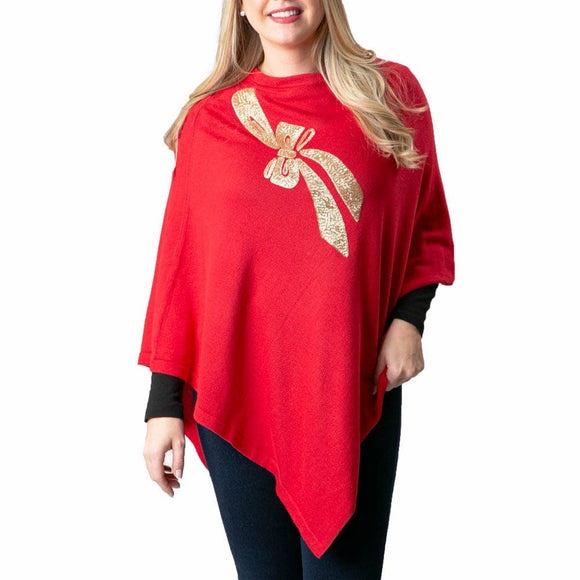Boardwalk Poncho Holiday Red with Gold Bow