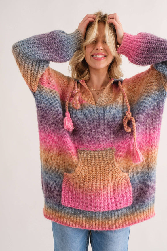 Oversized Rainbow Color Chunky Knit Hoodie Sweater Tassel Tie Kangaroo Pocket
