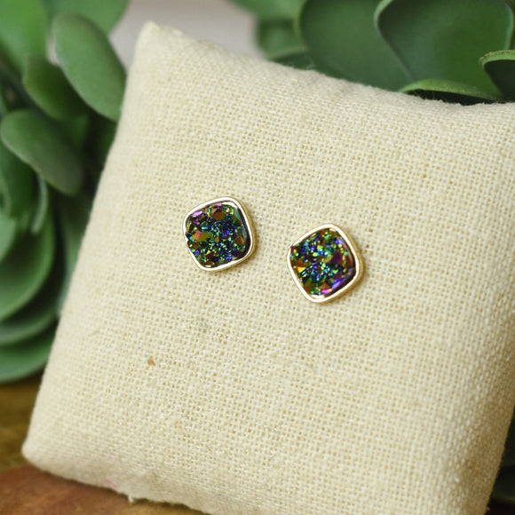 Peacock Druzy Raw Square Cut Shimmer Studs