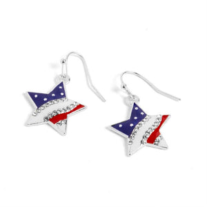 Americana Patriotic Flag USA Dangle Celestial Star Earring Red White Blue Crystal