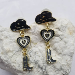 Western Cowgirl Hat Boot Enamel Heart Dangle Earrings Black