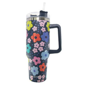 Retro Groovy Pop Navy Daisy 40 oz Stainless Steel Tumbler Cup with Handle