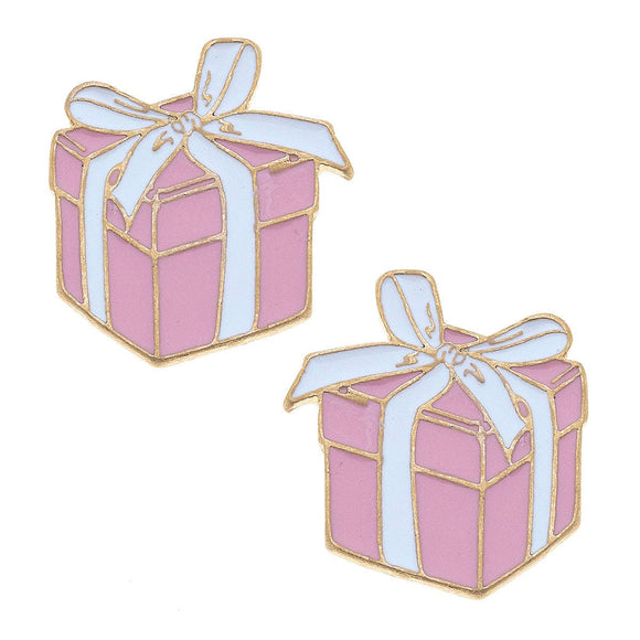 Enamel Present Stud Earrings in Pink & White