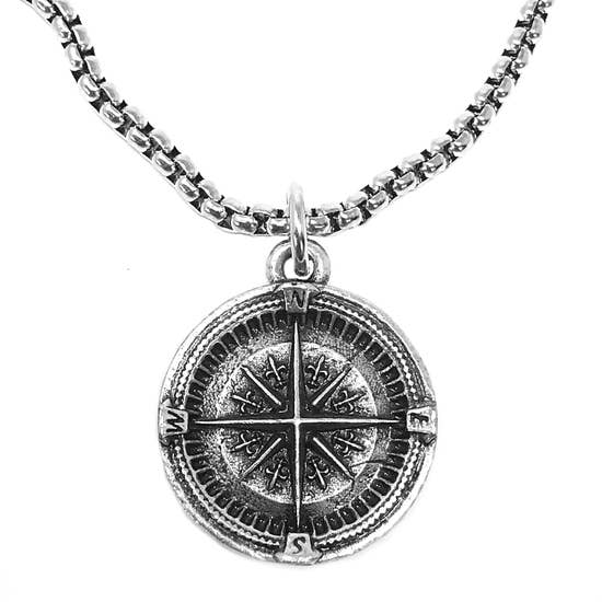 Compass Coin Necklace - Old World Silver - 20