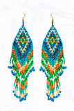 Aztec Pattern Seed Bead Fringe Tassel Statement Earrings Turquoise