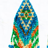 Aztec Pattern Seed Bead Fringe Tassel Statement Earrings Turquoise
