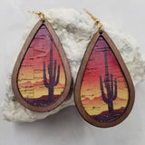 Wood Sunset Cactus Teardrop Earrings Western Southwestern