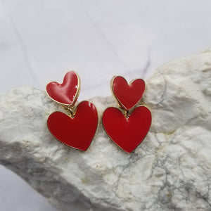 Red Enamel Double Heart Dangle Earrings