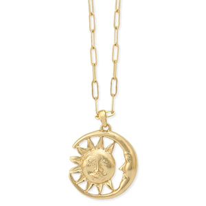 Celestial Sun Moon Gold Paperclip Link Necklace