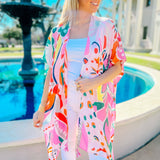 Clearwater Tropical Floral Kimono Wrap Shawl Pink Multicolor