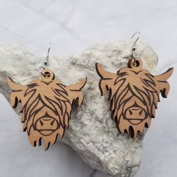 Handmade Wooden Highland Cow Earrings Western