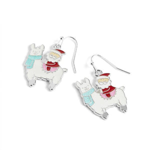 Holiday Enamel Christmas Earrings Silver Llama Santa