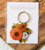 Coral White Mustard Yellow Floral Flower Cottage Bouquet Enamel Metal Keychain