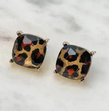 Leopard Print Faceted Square Stud Earrings