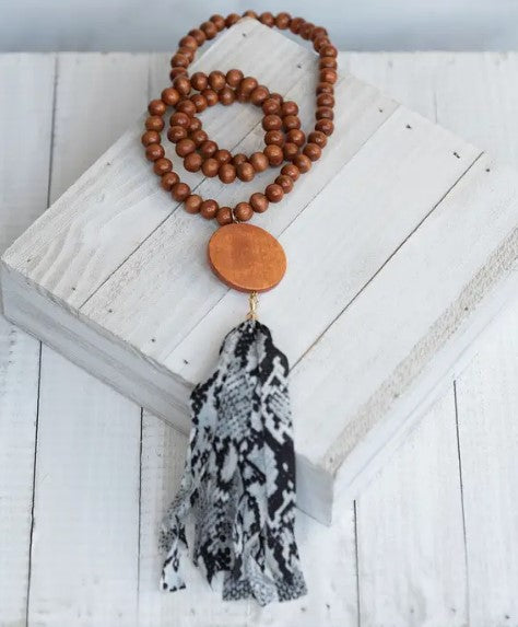 Snake Print Tassel Wooden Bead Necklace