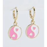 Pink White Mini Heart Ying Yang Charm Hoop Earrings