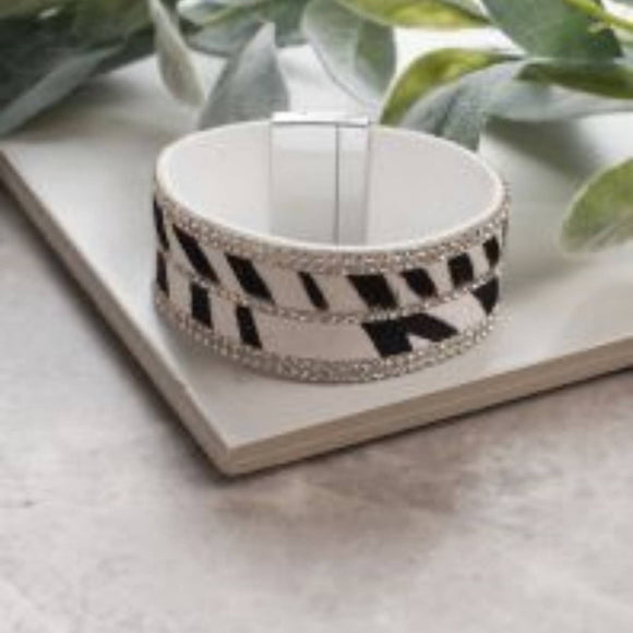 Leather Fur Bracelet, Zebra w Crystal Accents