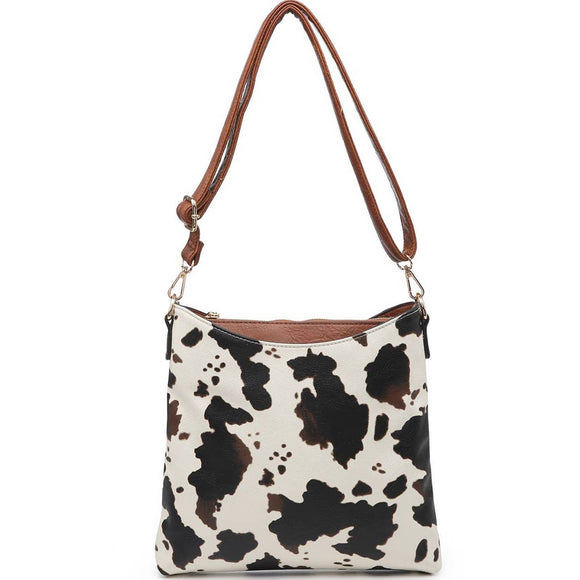 Cow Print with Brown Accents 3 Compartment Bag Purse