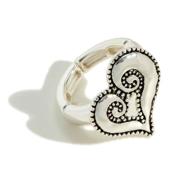 Heart Silver Tone Statement Stretch Ring