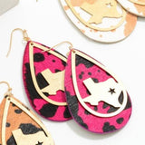 Hot Pink Black Cow Print Statement Earring With Gold Dangle Texas Overlay