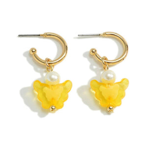 Yellow Butterfly Pearl Charm Huggie Hoop Earrings