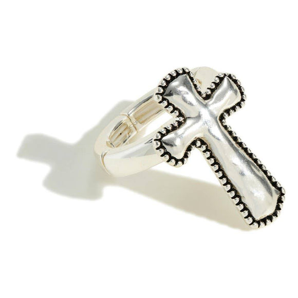 Cross Adjustable Stretch Silver Tone Ring