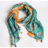 Turquoise Yellow Cottage Floral Design Lightweight Tasseled Scarf