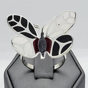 Black, White, Red Enameled Butterfly Ring - 9