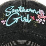 Floral Southern Girl Black Embroidered Distressed Ball Cap Trucker Hat