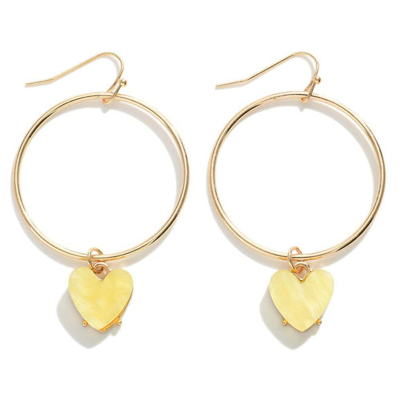 Yellow Heart Charm Hoop Circle Dangle Drop Earrings