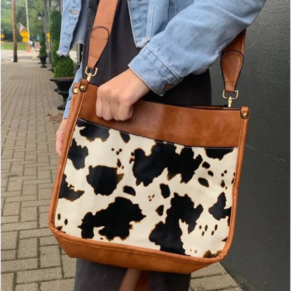 Brown and Cow Print Saddle Crossbody Bag Purse