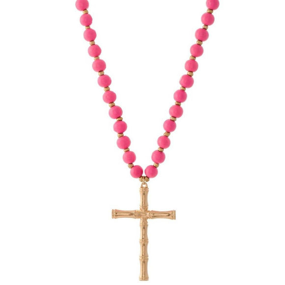 Pink Beaded Bamboo Style Cross Necklace
