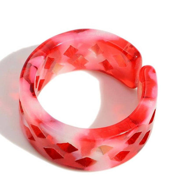 Pink, Red, White Resin Band Ring With Diamond Cut Outs