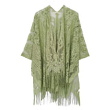 Floral Lace Fringe Boho Kimono Wrap Shawl Cover Up Sage Green