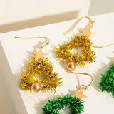 Gold Fuzzy Christmas Tree Drop Earrings with Gold Star Accents
