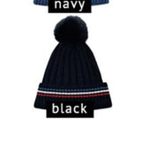 Preppy Black Stripe Details Knit Beanie With Faux Fur Pom Pom