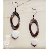Genuine Shell Pearl Coin on Copper Etched Hoop Earrings