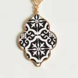 Black & White Mosaic Long Pendant Statement Necklace