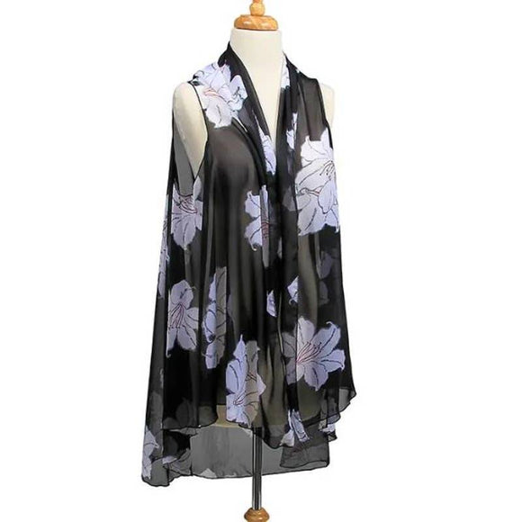 Black with White Tropical Flowers Boho Summer Sleeveless Kimono Shawl Wrap