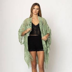 Floral Lace Fringe Boho Kimono Wrap Shawl Cover Up Sage Green