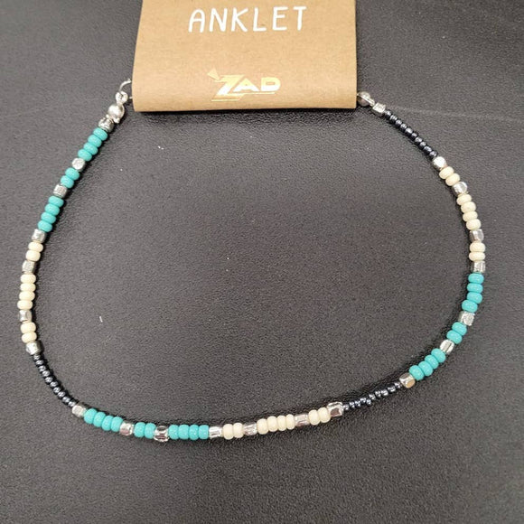 Cream, Silver, Hematite & Turquoise Color Sead Bead Anklet