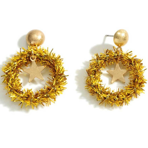 Gold Metallic Fuzzy Wreath Christmas Earrings with Gold Star Accents