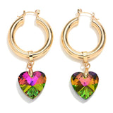 Multicolor Crystal Hear Dangle Charm Hoop Earrings