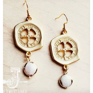 Matte Gold Medallion Earrings with Freshwater Pearl Dangle