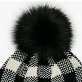 Black White Buffalo Check Pom Pom Knit Beanie Hat