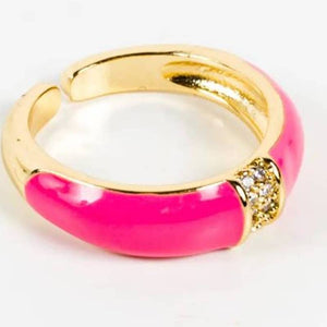 Pink Enameled & Crystal Gold Cuff Band Statement Ring