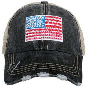 American Flag Embroidered Black Distressed Trucker Hat