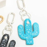 Turquoise Blue Leather Like Western Paisley Cactus Keychain